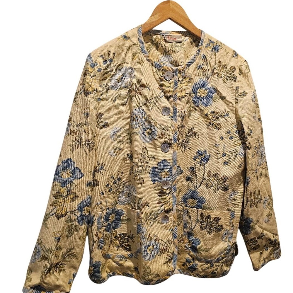 Coldwater Creek Floral Beaded Jacket Beige Blue Button Front Large cottagecore